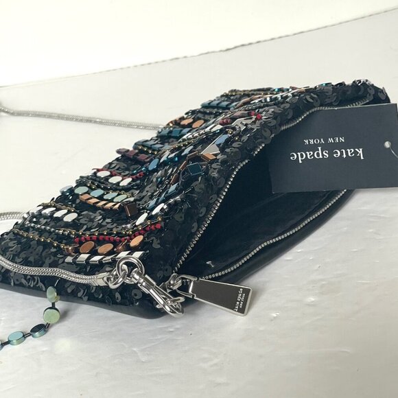 Kate Spade Nova Fringe Embellished Clutch Crossbody Black Chain Strap Rare Party - Picture 9 of 12